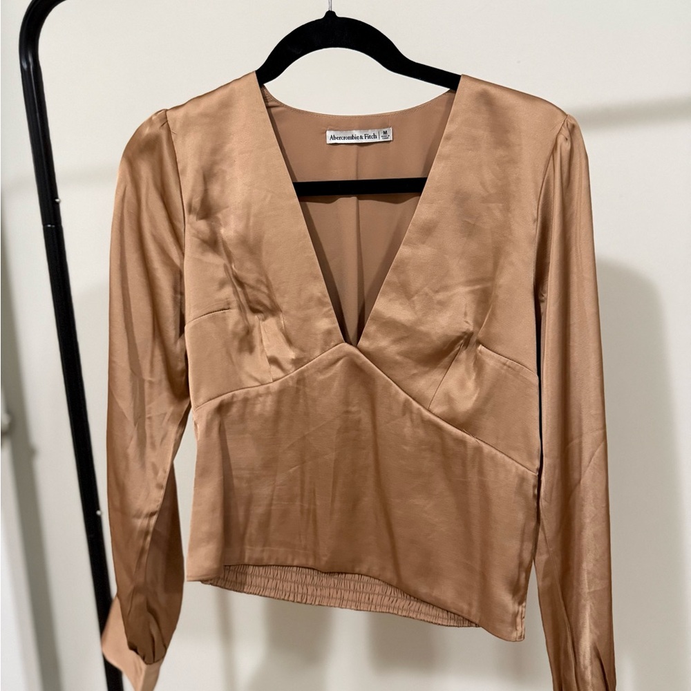 Abercrombie and Fitch Women's Satin Tan V-Neck Top